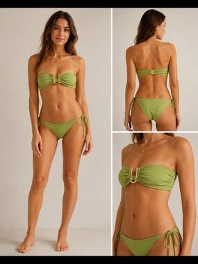 Monica Hansen Green Halter Bandeau Bikini Gold Hardware String Medium NWT